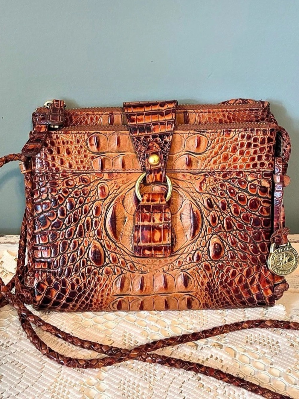 Brahmin Pecan Melbourne Crocodile Embossed Double Zip Organizer Crossbody Bag